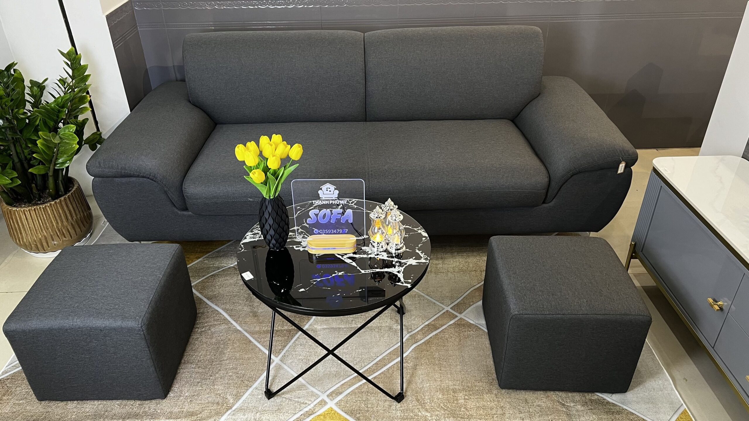 Sofa Văng Tay Vịn Thấp Thoải Màu Xám