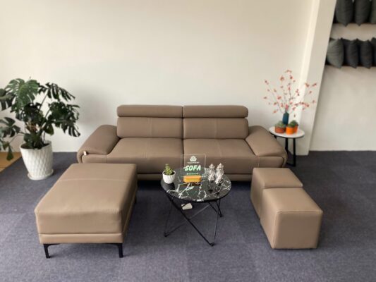 bộ sofa văng da màu be mã S061810 –  Mẫu sofa văng kết hợp đầu bật tùy chỉnh 3 nấc và ghế đôn.