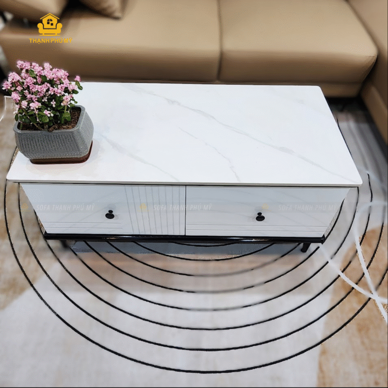 Bàn trà - bàn sofa mặt đá Ceramic hình chữ nhật với 2 học tủ màu trắng đen chủ đạo mang một phong cách tươi trẻ, hiện đại.