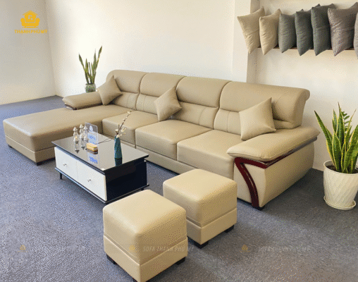Mẫu Sofa Góc Da Chống Trầy Cao Cấp Màu Xám Be Kiểu Dáng Tay Vịn Ốp Gỗ của Sofa Thạnh Phú Mỹ với thiết kế tay vịn ốp gỗ độc đáo