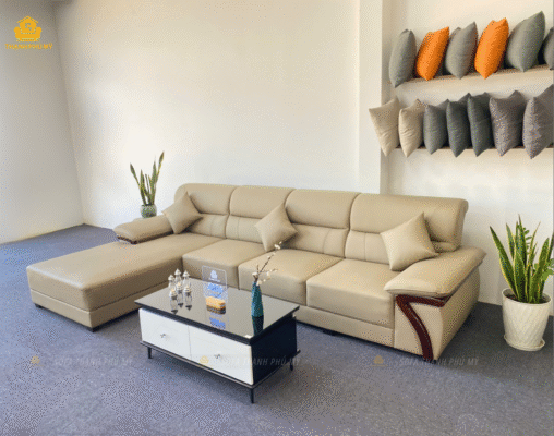 Mẫu Sofa Góc Da Chống Trầy Cao Cấp Màu Xám Be Kiểu Dáng Tay Vịn Ốp Gỗ của Sofa Thạnh Phú Mỹ với thiết kế tay vịn ốp gỗ độc đáo