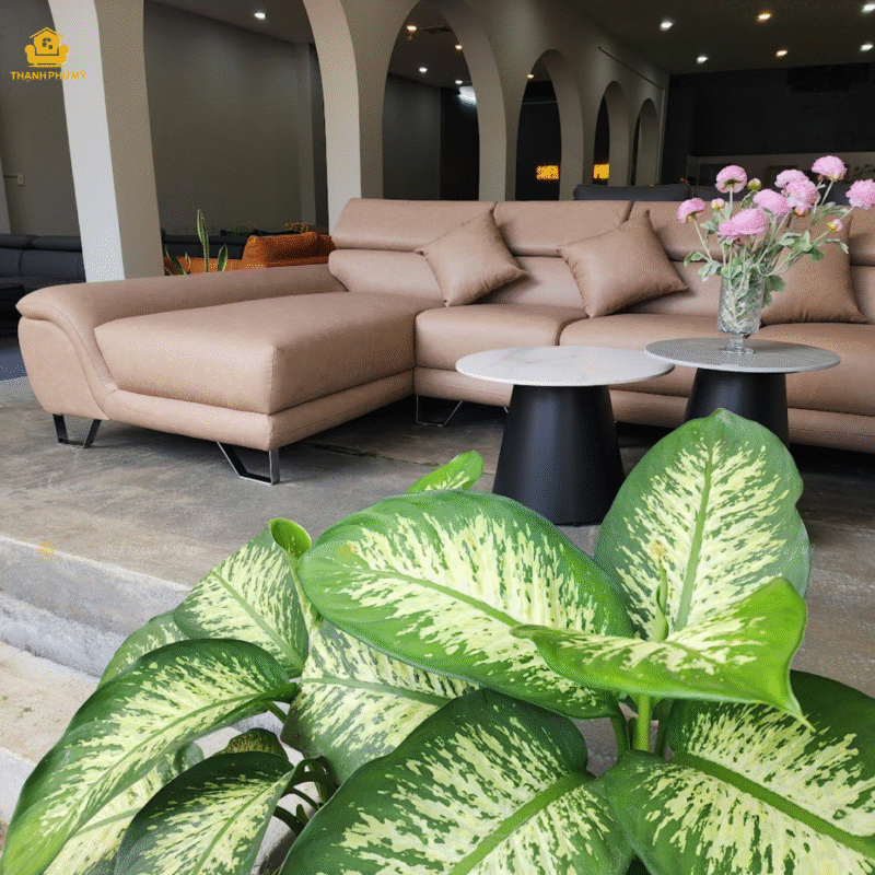 Kiểu dáng Góc Da chữ L, phần góc nghỉ có tựa thấp hướng vào trong lòng ghế và đầu bật tuỳ chỉnh 3 nấc nâng hạ.