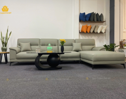 Sofa màu xám ánh xanh. Màu này là kết tinh của sự pha trộn đầy chủ ý mang lại hiệu ứng thị giác ấn tượng.