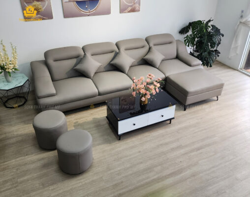 Sofa Văng 4 Chỗ Ngồi Màu Be Tựa Gật Gù Hiện Đại Kèm Đôn Phụ Tăng Sức Chứa