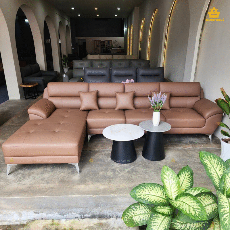 Sofa Góc Da Màu Nâu Đệm Nhấn Nút Tay Vịn Thấp | Sofa Thạnh Phú Mỹ | Sofa Buôn Ma Thuột | Sofa Đức Trọng | Sofa Đà Lạt
