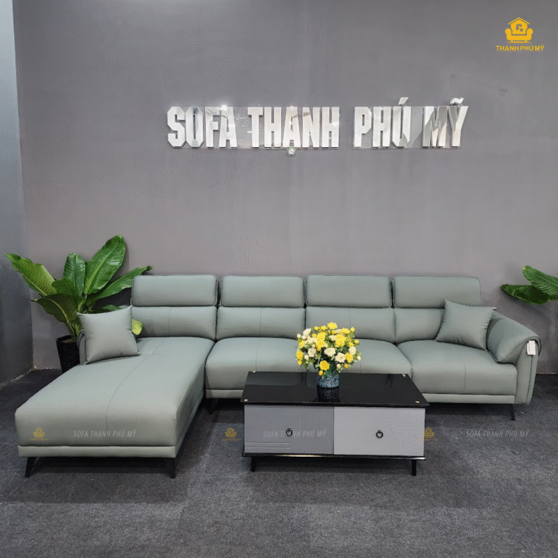 Sofa Góc Da chữ L với sắc xám ánh xanh lá độc đáo là mẫu sofa đang rất được ưa chuộng bởi sự tiện lợi trong việc tận dụng tối đa góc không gian phòng khách  