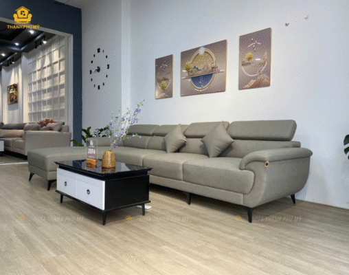 Hình ảnh khi đã dựng hết đầu bật lên của bộ sofa góc bọc da màu xám loaang nhạt | Sofa Thạnh Phú Mỹ | Sofa Buôn Ma Thuột | Sofa Đức Trọng | Sofa Đà Lạt