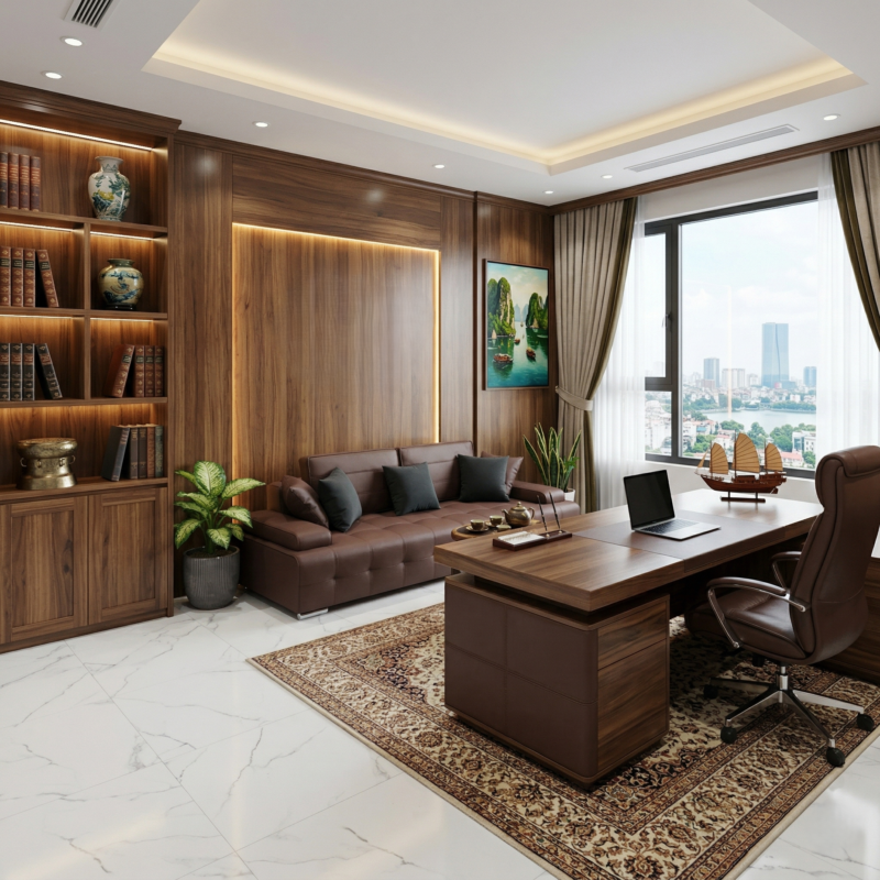 Trong phong thủy và tâm lý học màu sắc, màu nâu trầm tượng trưng cho sự ổn định, tin cậy và bền vững. Đây là gam màu cực kỳ "hợp mệnh" với các lãnh đạo ngành nông sản, xây dựng hay bất động sản tại khu vực Đắk Lắk, Đắk Nông, giúp không gian làm việc trở nên uy nghiêm và đáng tin cậy.