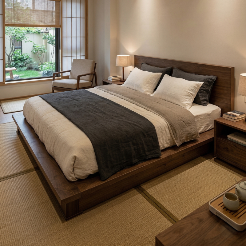 Mẫu giường bệt (platform bed) mang đậm âm hưởng thiết kế Nhật Bản – Khác với những mẫu giường truyền thống nhiều chi tiết, thiết kế giường bệt tối giản này sử dụng các mặt phẳng nguyên khối rất lớn ở phần bệ viền. Đây chính là điểm cộng tuyệt đối để tôn lên trọn vẹn vẻ đẹp nguyên bản, hệ vân cuộn xoáy sống động và sắc trầm ấm, sang trọng của chất liệu gỗ Óc Chó.