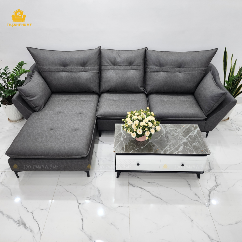 Bộ sofa đệm bọc da Microfiber xám loang, form bo góc chữ L 2m8x1m7 được đặt đóng tại Nội Thất Thạnh Phú Mỹ