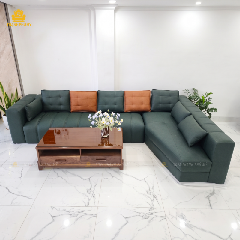 Mẫu sofa BMT được đóng theo yêu cầu với kích thước 3m5 × 2m1, thiết kế góc L vát cạnh phù hợp không gian phòng khách rộng.