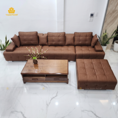 Tổng thể khối văng 3 kiện ghép nối và đôn rời 1m, form dáng vuông vức nhờ kỹ thuật căng da chuẩn tay nghề thợ Đắk Lắk.