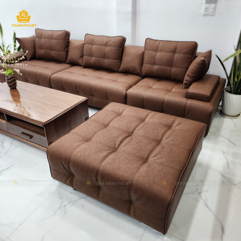 Góc nhìn từ trên cao cho thấy tỷ lệ chia đều của 3 module sofa và bề mặt bọc da vi sợi may rút múi chống xẹp lún.