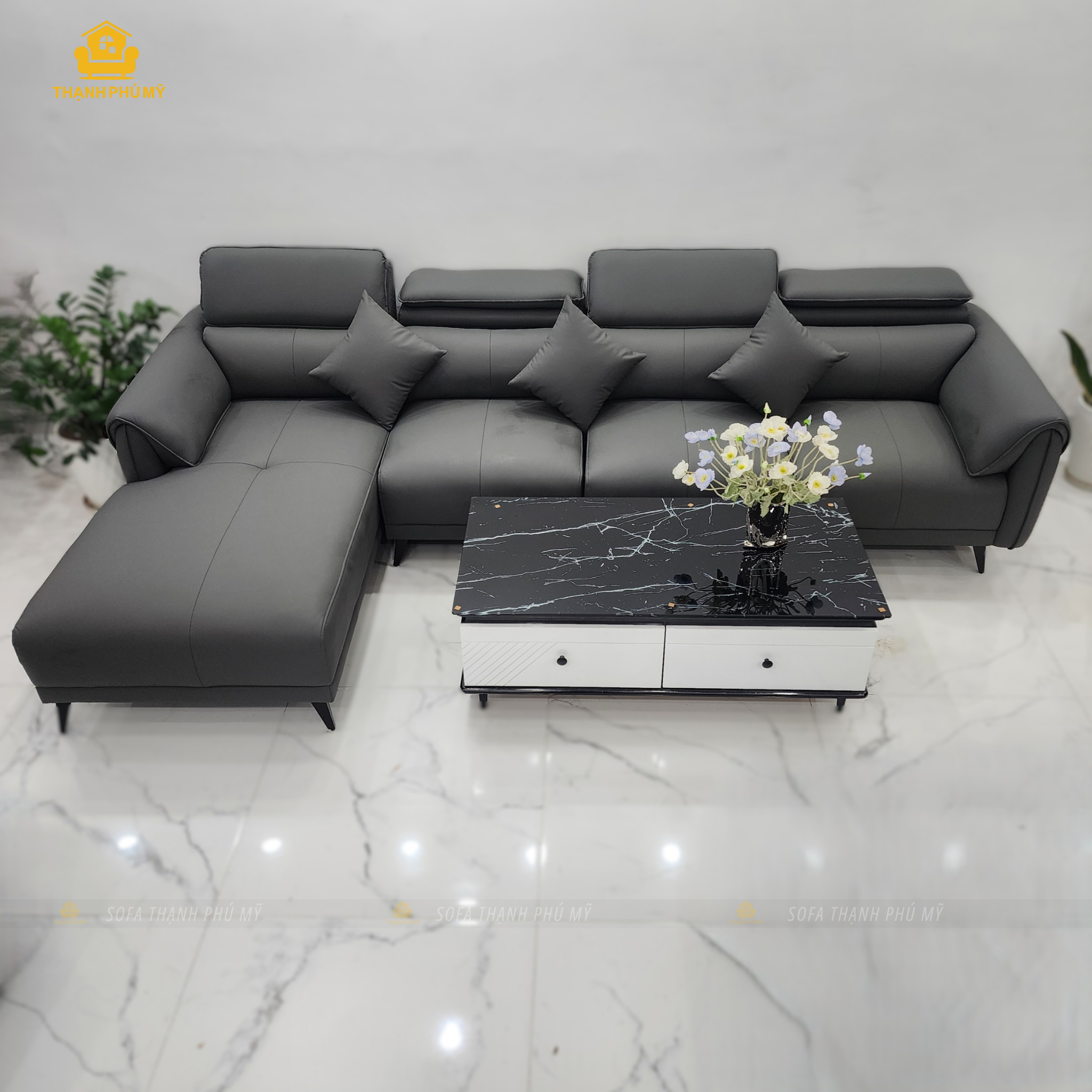 sofa góc L 3m2 x 1m8 da simili màu xám tại Thạnh Phú Mỹ