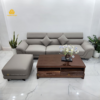 Toàn cảnh sofa da Simili xám be văng 2m8 và đôn rời đang trưng bày tại Thạnh Phú Mỹ.