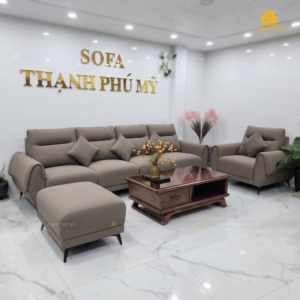 góc nghiêng bộ sofa văng 3m2 và đôn và ghế đơn da microfiber Thạnh Phú Mỹ