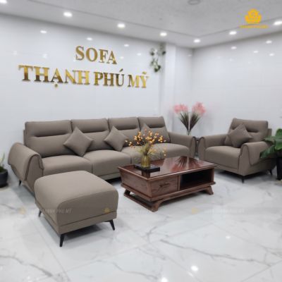 góc nghiêng bộ sofa văng 3m2 và đôn và ghế đơn da microfiber Thạnh Phú Mỹ
