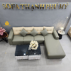 Tổng thể mẫu sofa BMT góc L 2m8 x 1m9 bọc da Microfiber màu xanh xám Sage Green phối tựa lưng be kem trưng bày tại showroom Thạnh Phú Mỹ.