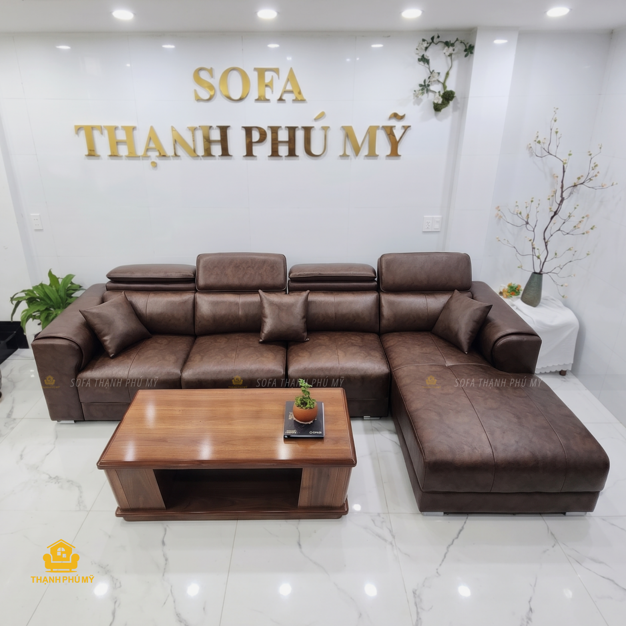 góc chính diện bộ sofa 3m2 x 1m8 kèm bàn gỗ Thạnh Phú Mỹ