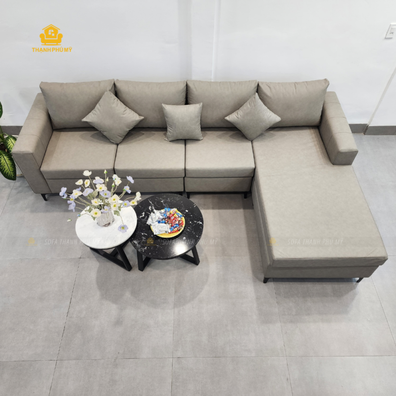Sofa góc L 2m8 x 1m8 bọc Simili, đệm ngồi và gối tựa rời tại Thạnh Phú Mỹ