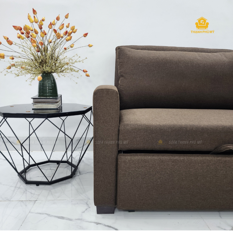 Cận cảnh vải nỉ màu nâu trên sofa giường kéo 1m2.